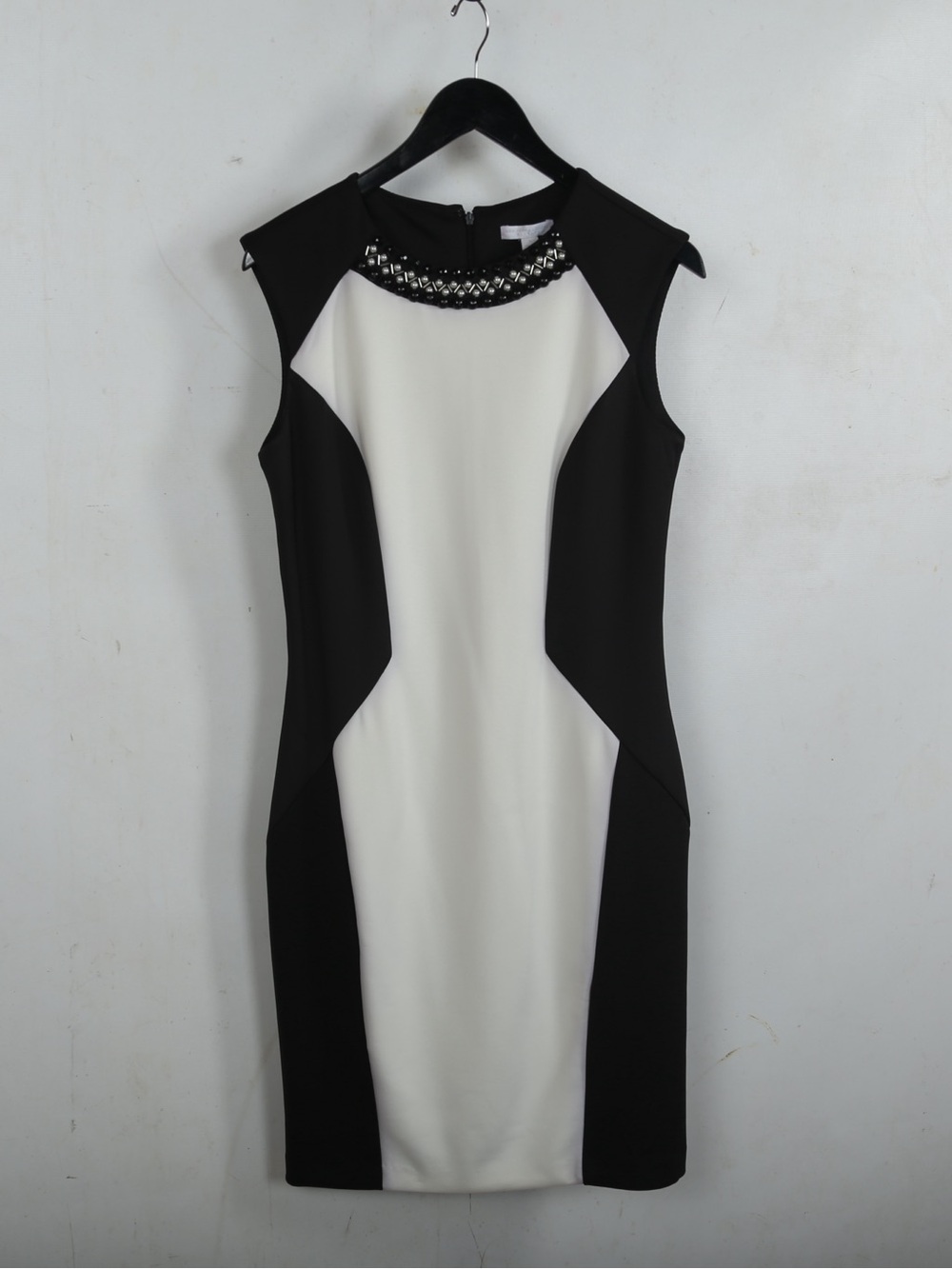 New York & Company Black and White Beaded-Neck Midi Sheath Dress